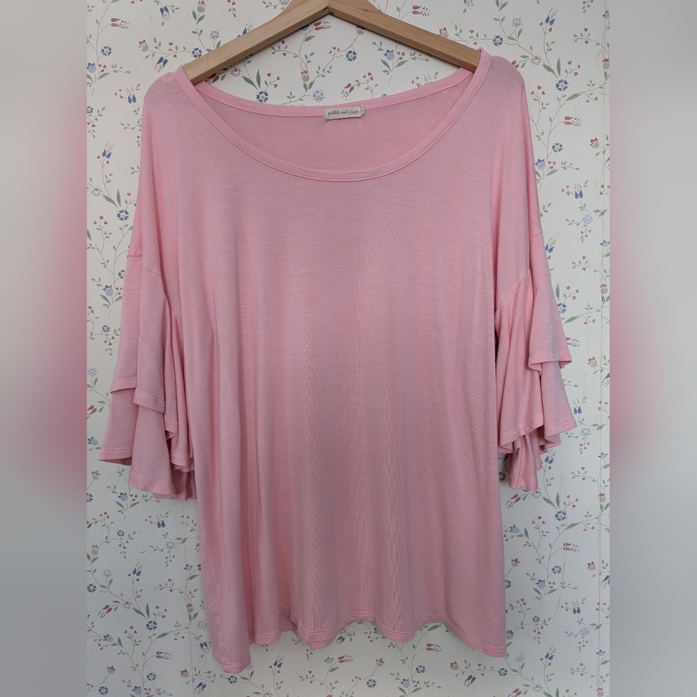Pebble and Stone Top 1X Ruffle Sleeve T Shirt Casual Work Saturday Comfy Stylish